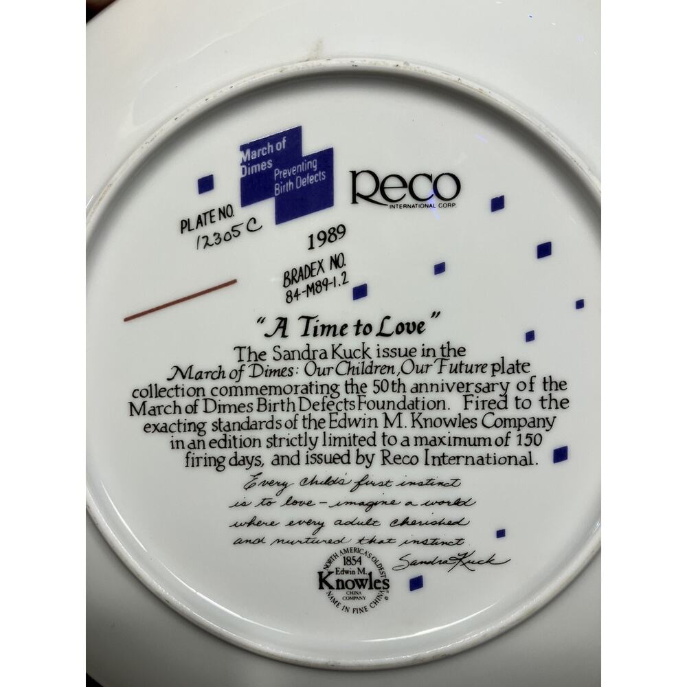 "Reco “A Time To Love" Collector Plate Sandra Kuck 1989 March of Dimes #12305C - Picture 3 of 8